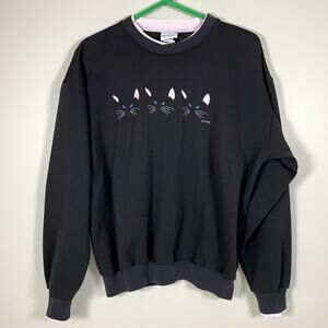 VINTAGE ACTON Lg Black Cat Face Printed Sweatshirt Pink Accents 1986 Made in USA